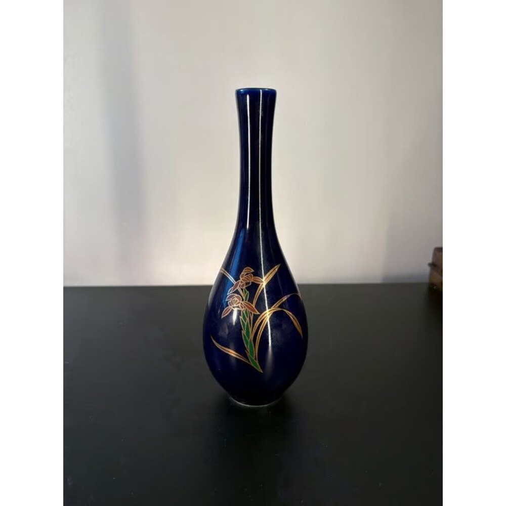OMC Otagiri Japan Cobalt Blue Bud Vase Gold Orchid Hand Painted Label 9 in